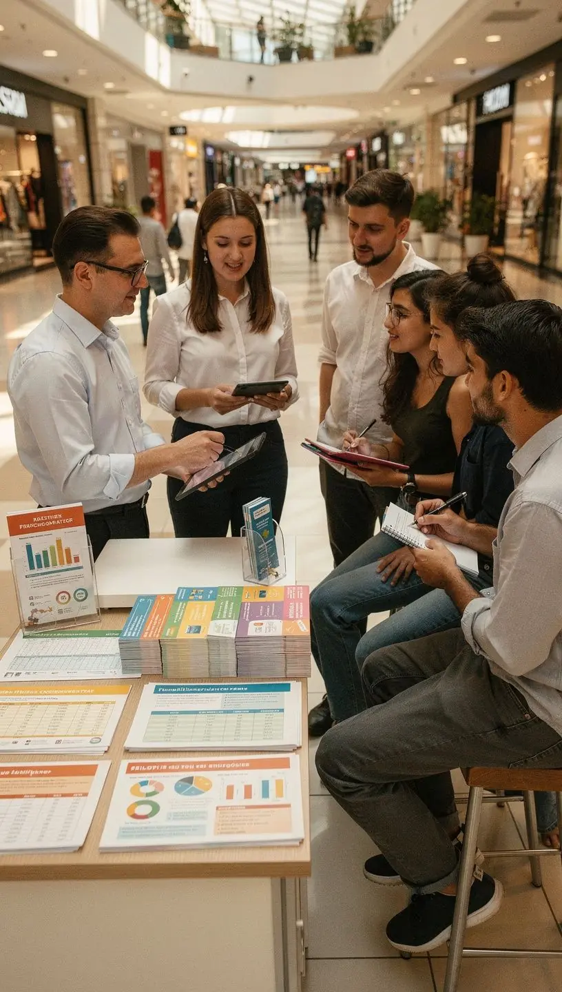 Instrumente tipărite pentru planificarea financiară expuse pe un stand educațional în spațiu comercial