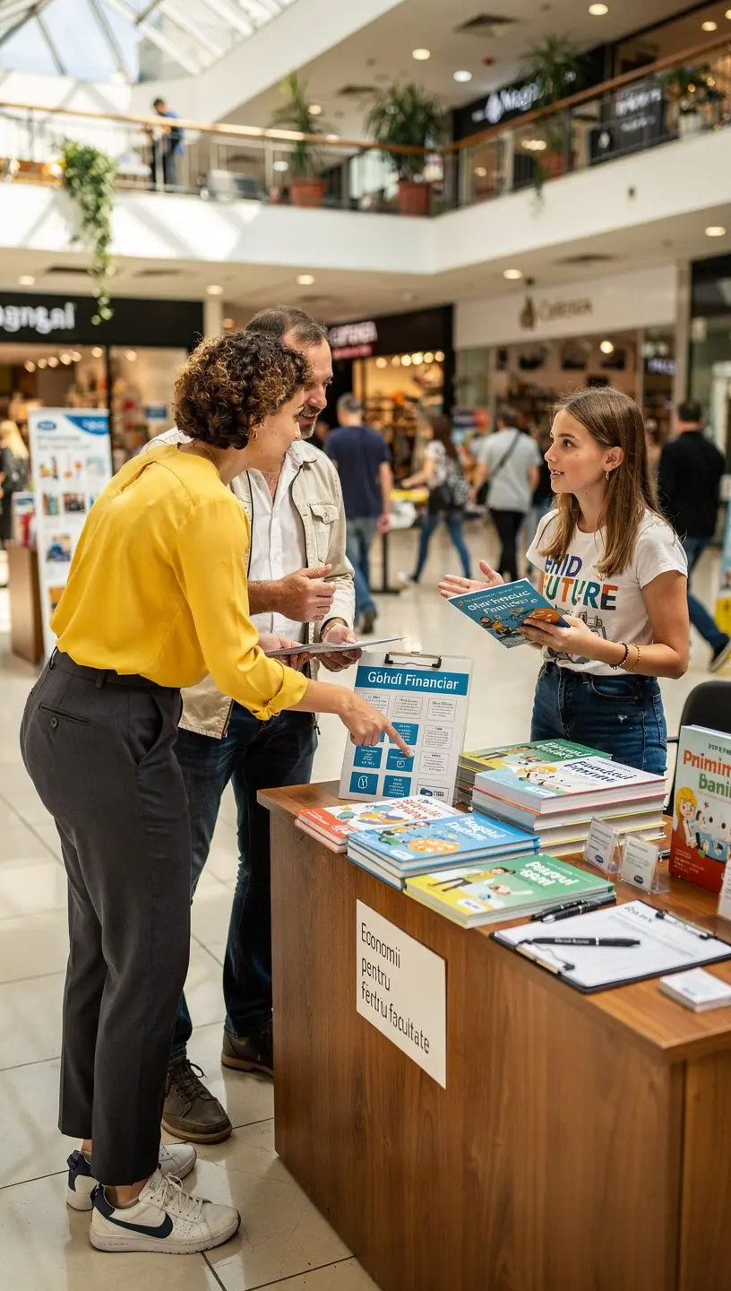 Vizitatori interesați discutând despre educația financiară la un stand pop-up din mall