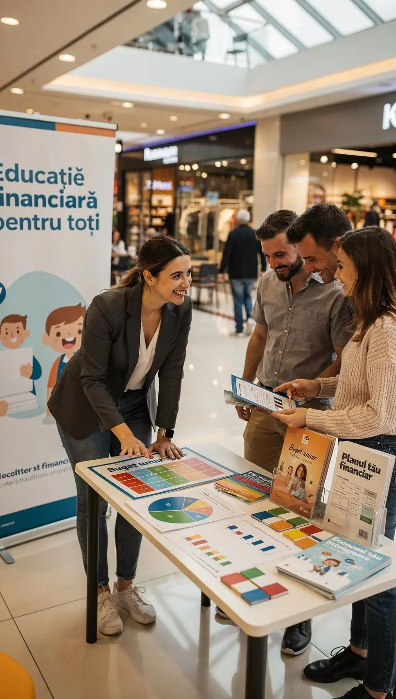 Materiale educaționale pentru finanțe personale aranjate pe o masă într-un spațiu de informare publică