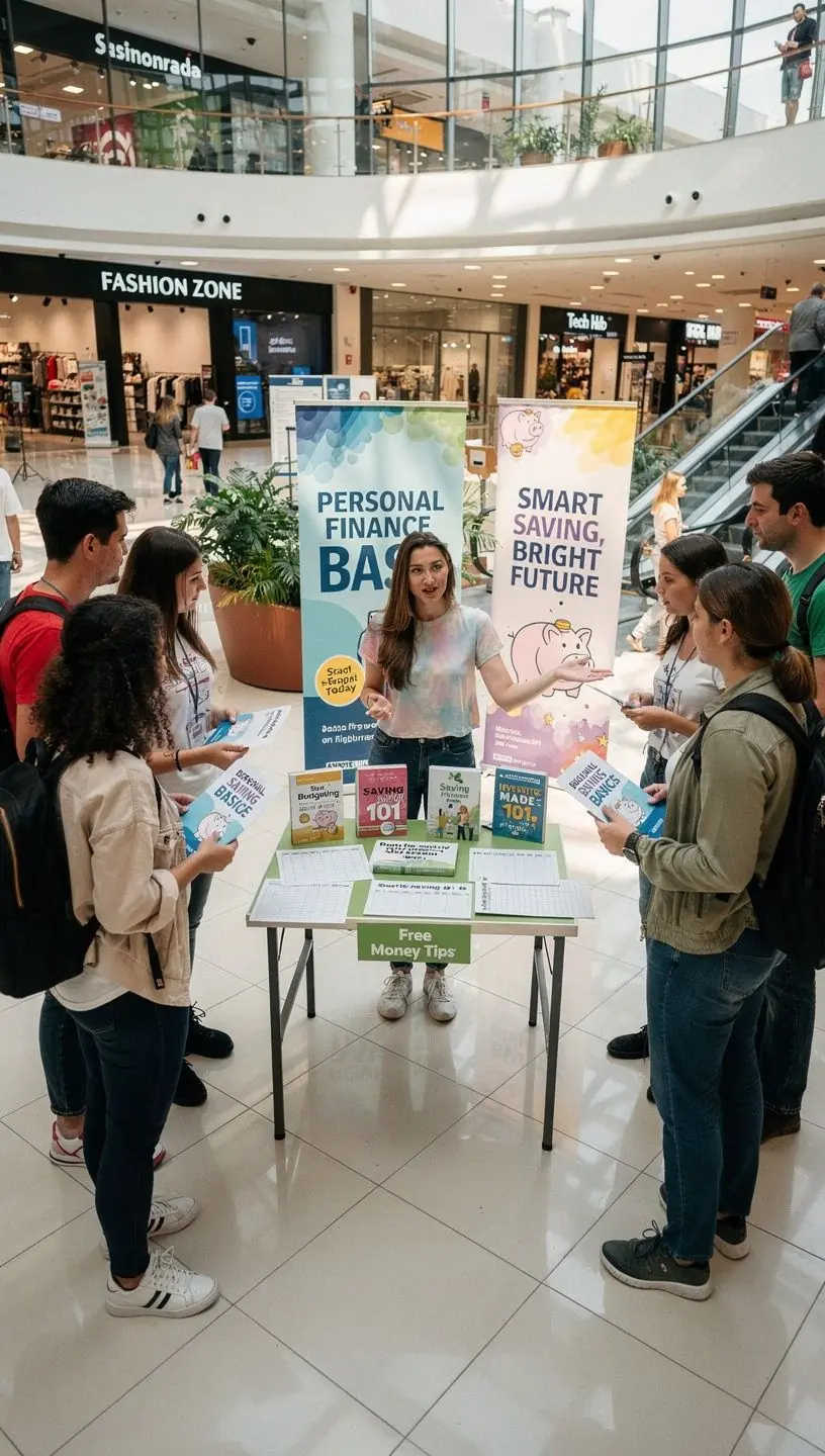 Banner informativ despre importanța educației financiare personale afișat la un stand pop-up în mall