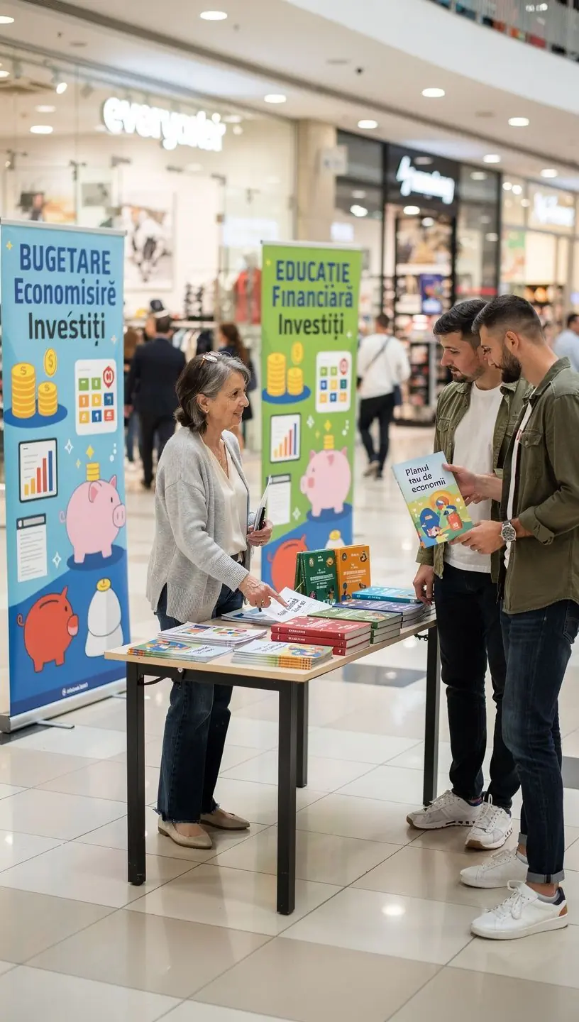 Stand educațional pop-up într-un mall, cu cărți despre finanțe personale, materiale tipărite și consultanță financiară oferită publicului, într-un cadru profesional și prietenos.