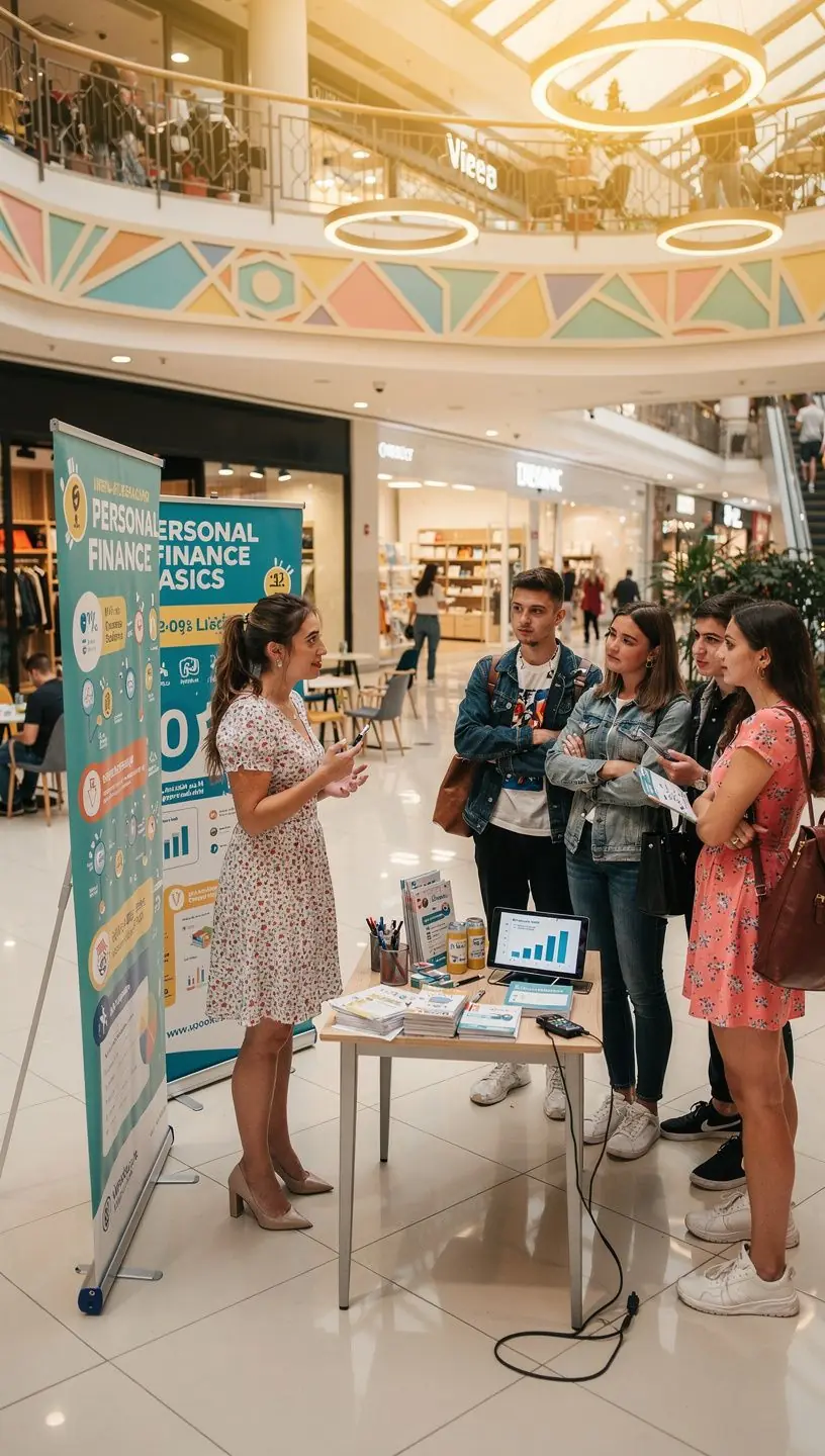 Stand educațional pop-up într-un mall cu materiale informative despre finanțe personale