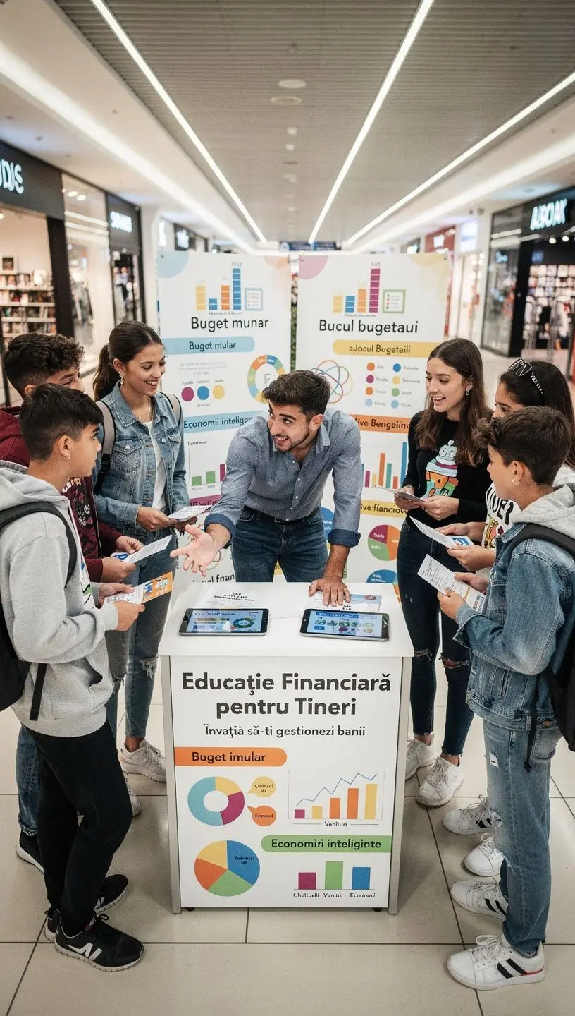 Masa cu cărți și broșuri despre gestionarea bugetului pazomofima.sbs la un eveniment în mall